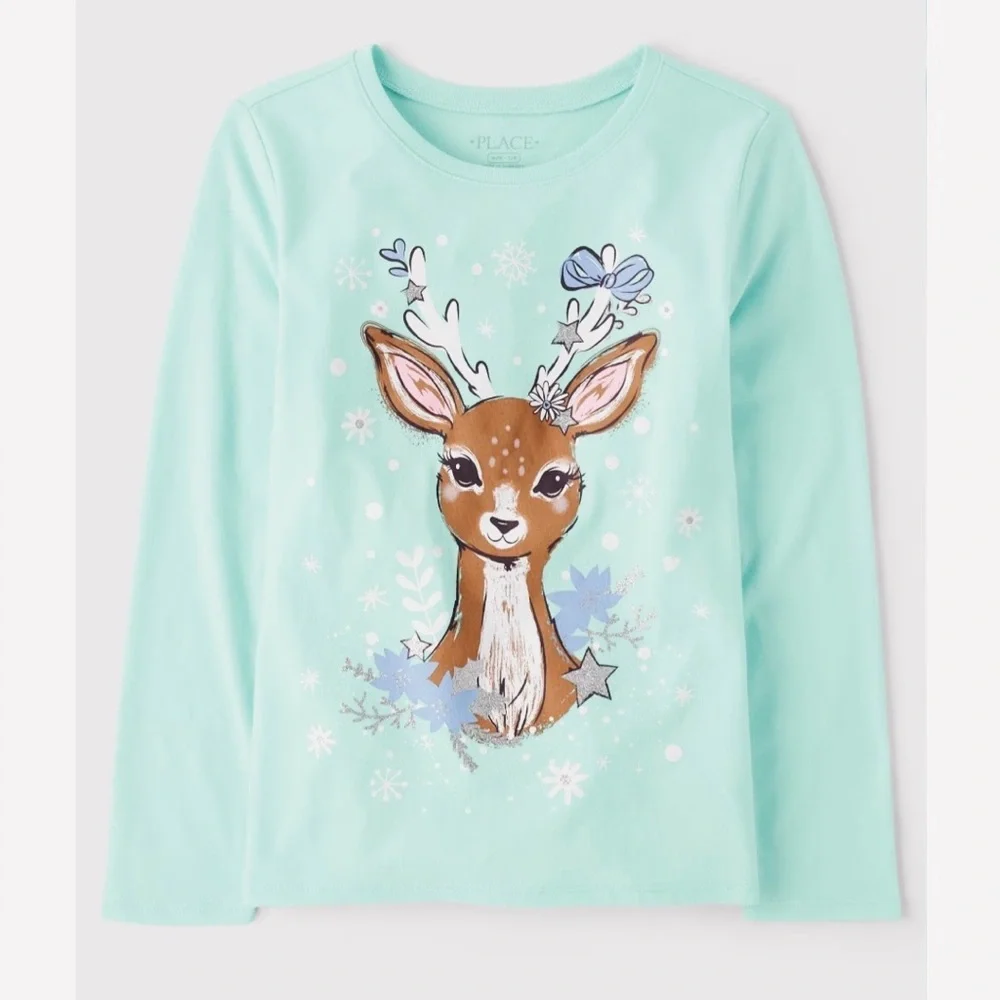 NWOT, Girl’s Winter Deer Graphic Long Sleeve with Glitter, Blue, Size 10/12